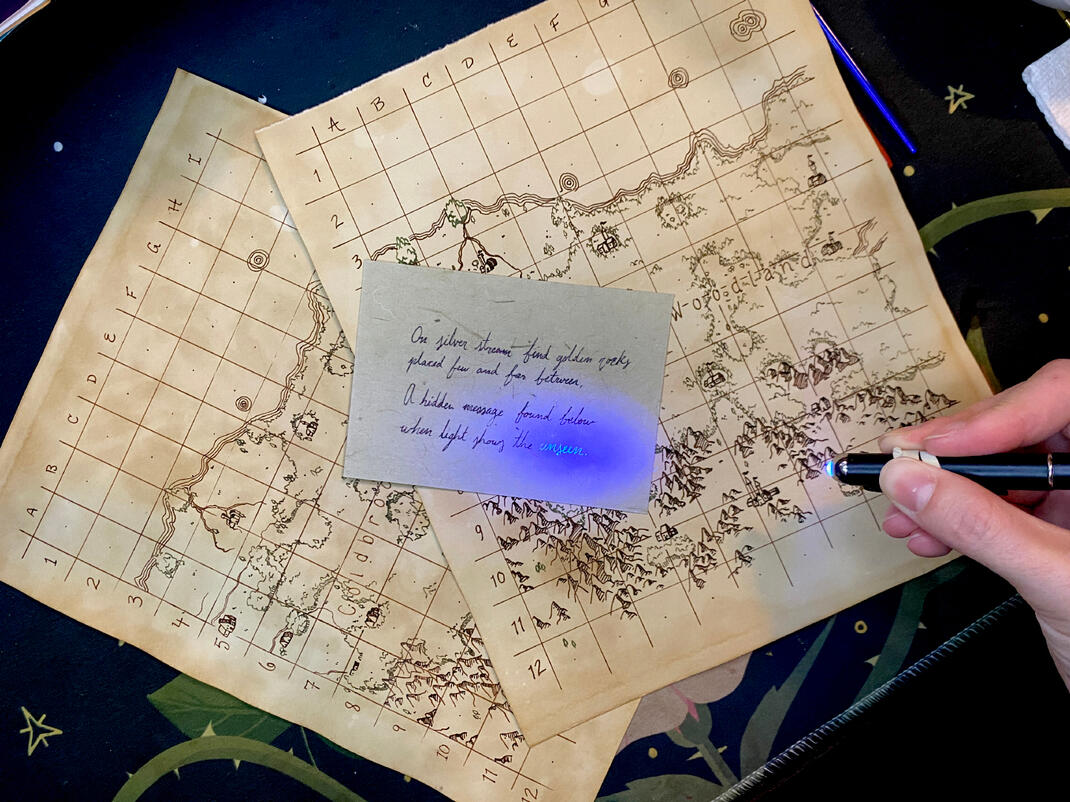 The maps and one of the notes, showing the hidden writing with a blacklight.
