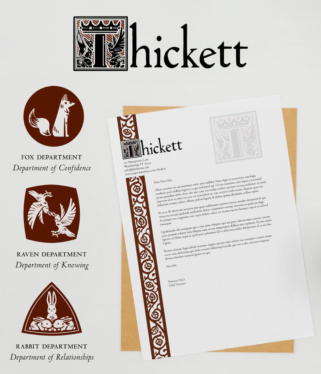 Thickett Branding -- Featuring Thickett&#39;s logo, the department logos, and Thickett&#39;s company letterhead.