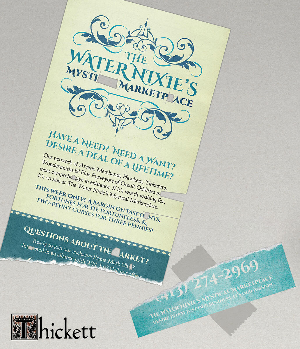 Another set of examples of digital ephemera, this one featuring two parts of a flyer for a mysterious marketplace. The flyer was used as a puzzle for players to solve, and led to a website with information that tied into the season&#39;s overarching ARG.