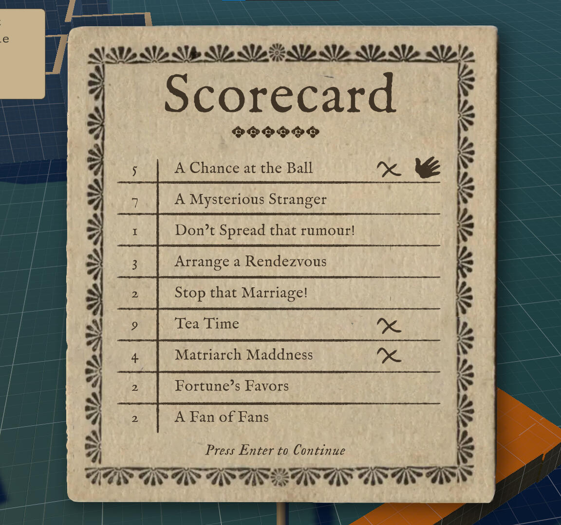 The in-game scorecard designed to reference letterpressed ephemera that calls back to regency England.